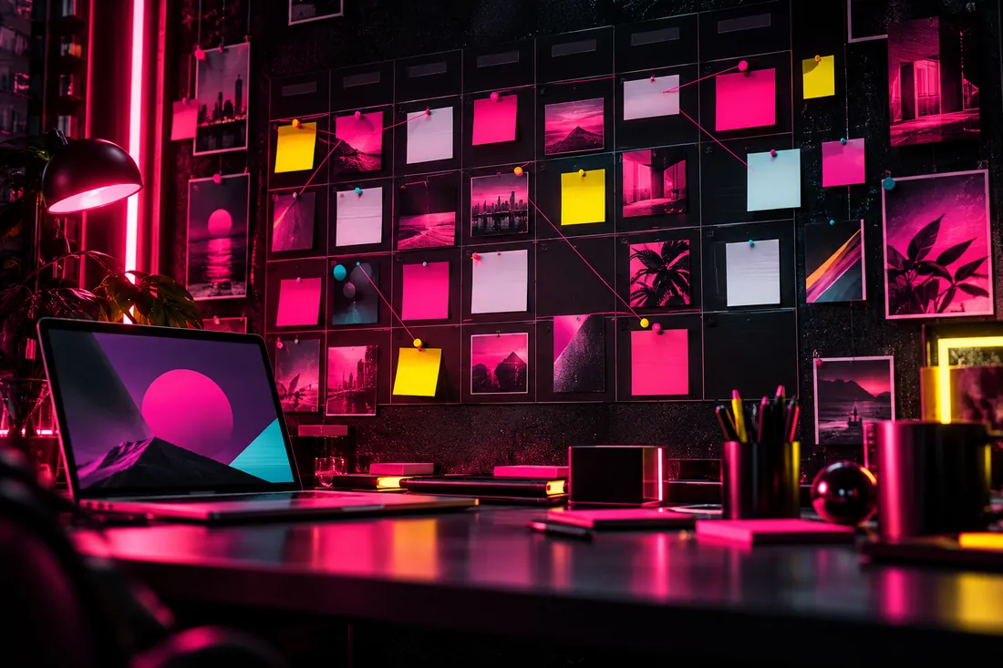 Muro de planeación con calendario de contenido en luz magenta